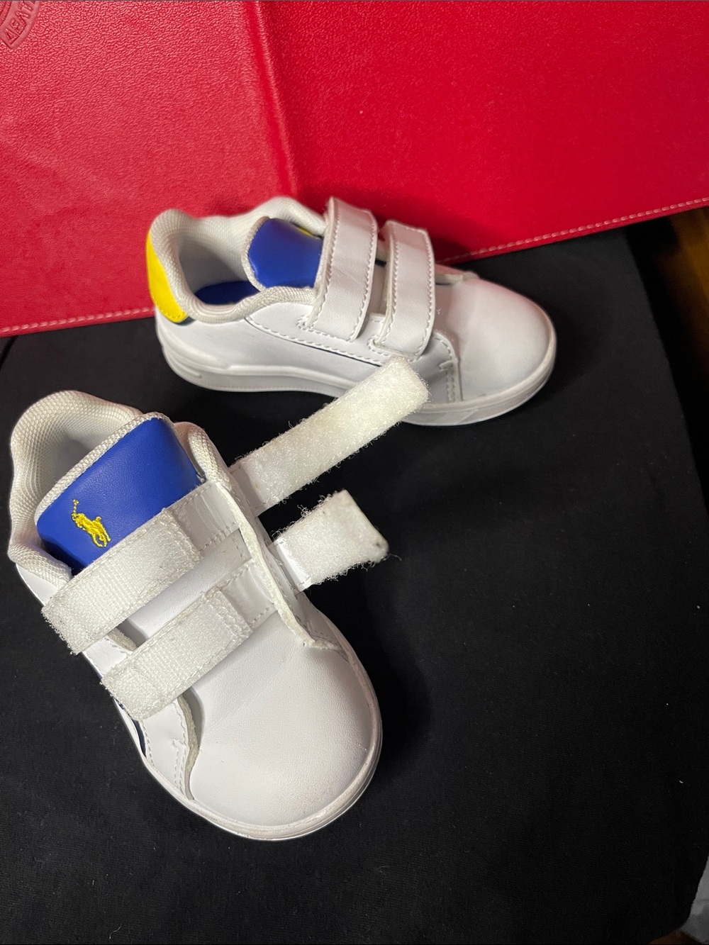 Polo by Ralph Lauren White Kids Sneakers with Blue Tongue & Yellow Heel